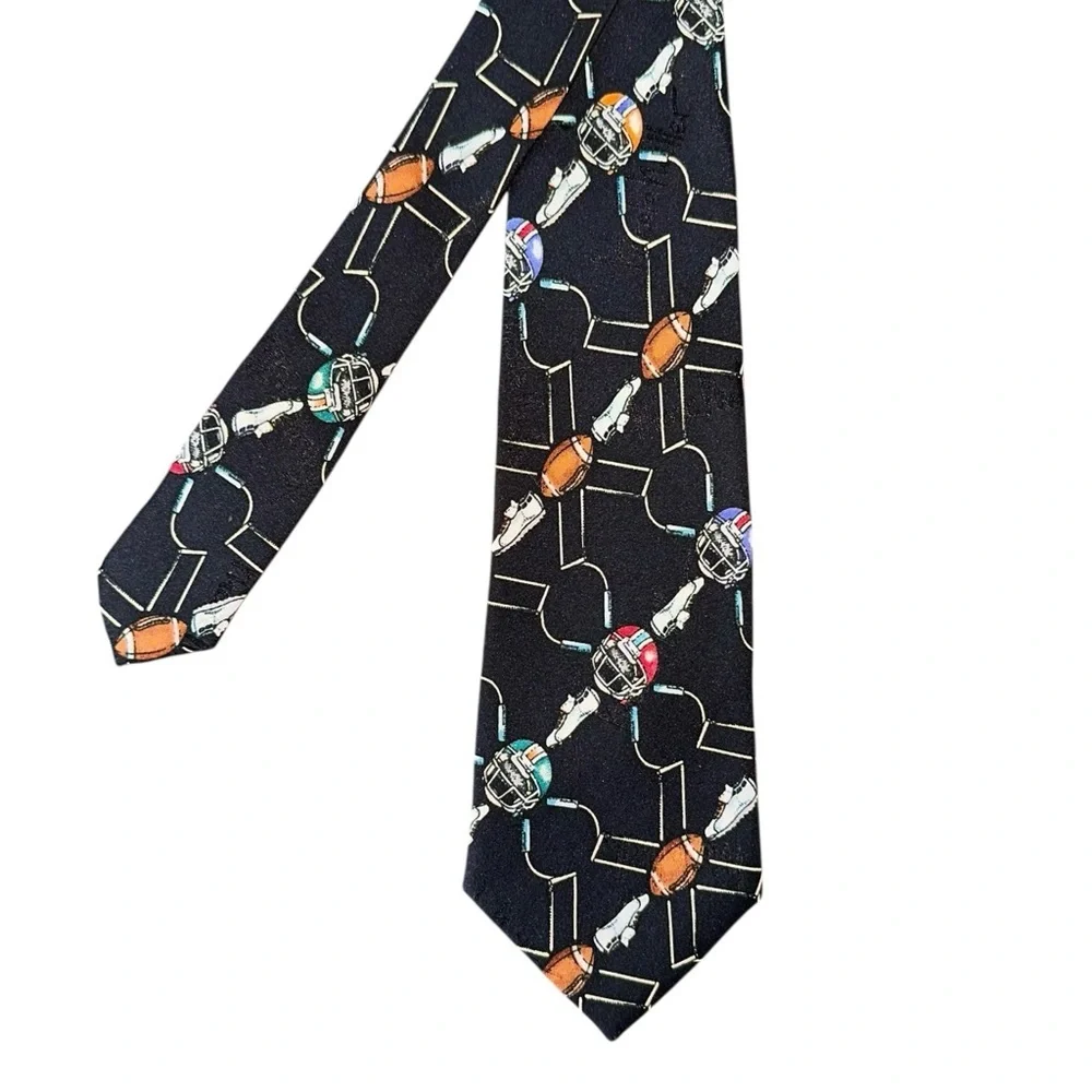 Vtg Nicole Miller Mens Slim Tie 1995 Silk Football Black HandSewn 54x2.75” Korea